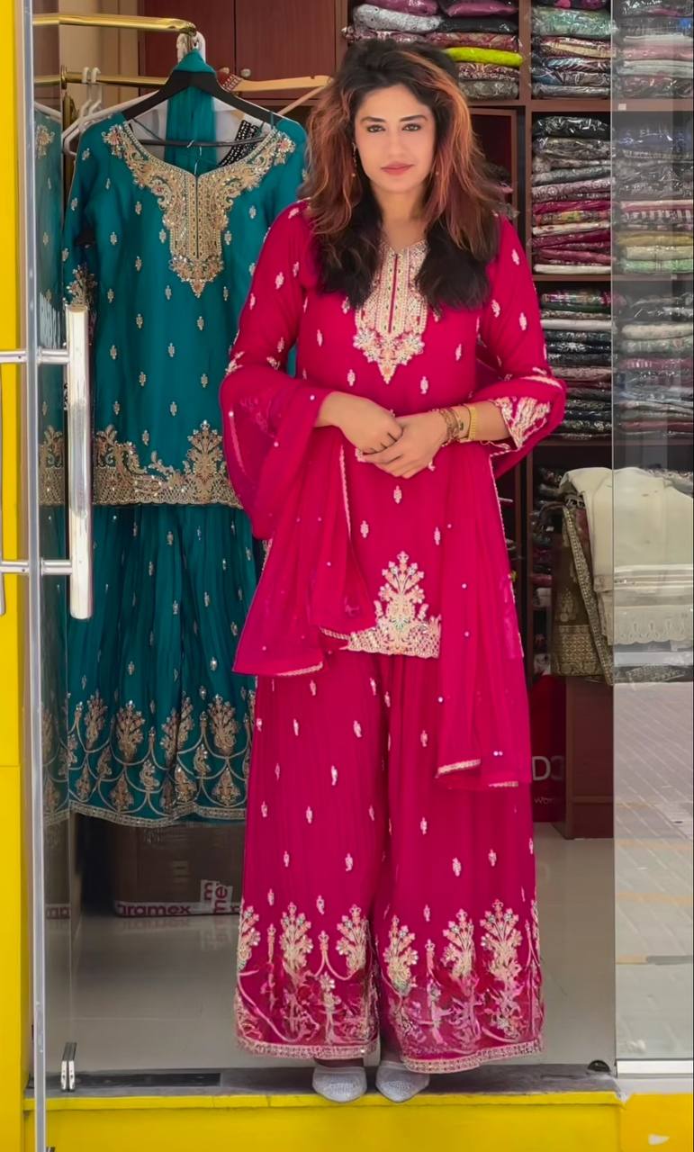 Celebrity Style Heavy chinon silk Material With Sequence Embroidery Work Sharara Suit