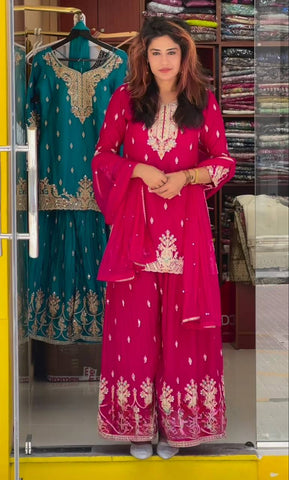Celebrity Style Heavy chinon silk Material With Sequence Embroidery Work Sharara Suit