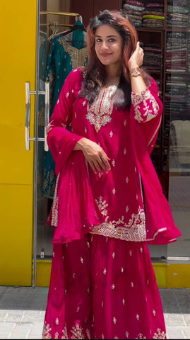 Celebrity Style Heavy chinon silk Material With Sequence Embroidery Work Sharara Suit
