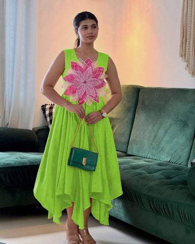 Innovative Green Color Parampara Silk And Fancy Flowers Cutting Pasting Work Gown