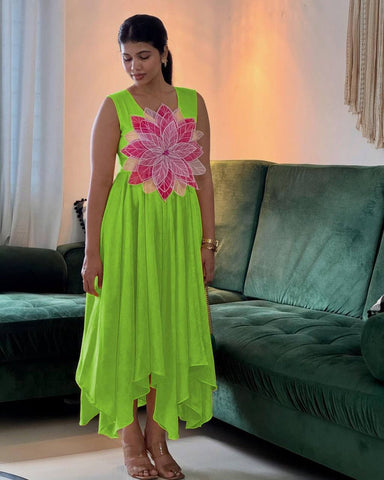 Innovative Green Color Parampara Silk And Fancy Flowers Cutting Pasting Work Gown