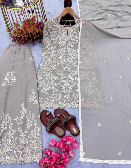 Beautiful Grey Color Heavy Faux Georgette With Heavy Embroidery Sequence Work Designer Palazzo Suit