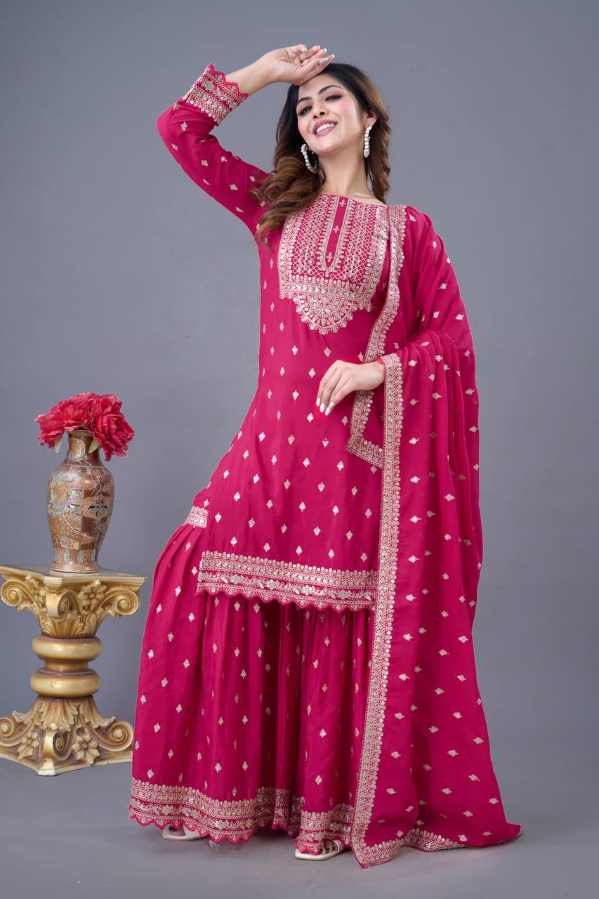 Trendy Pink Color Heavy Georgette Embroidery Work Designer Sharara Suit