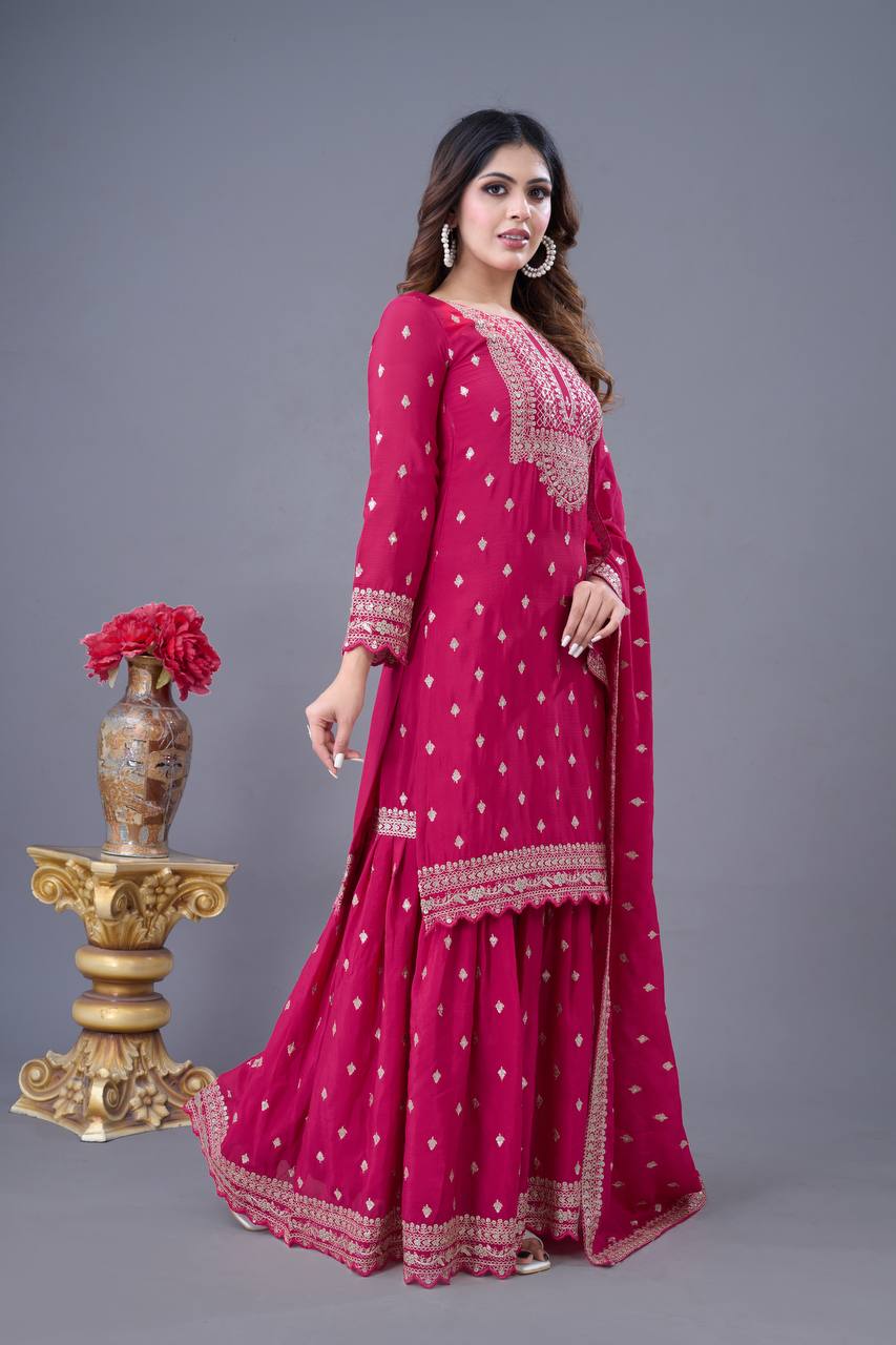 Trendy Pink Color Heavy Georgette Embroidery Work Designer Sharara Suit