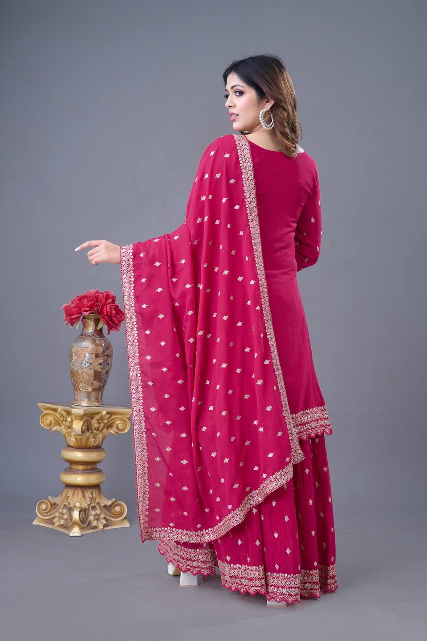 Trendy Pink Color Heavy Georgette Embroidery Work Designer Sharara Suit