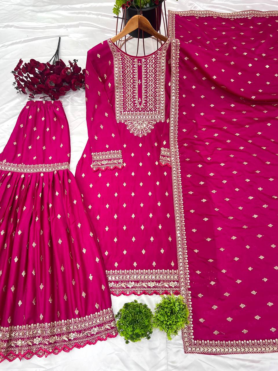Trendy Pink Color Heavy Georgette Embroidery Work Designer Sharara Suit