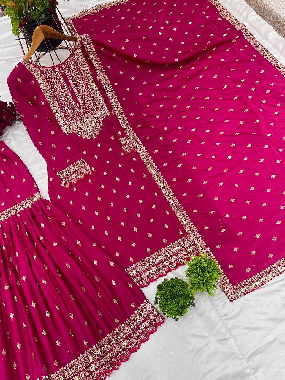 Trendy Pink Color Heavy Georgette Embroidery Work Designer Sharara Suit