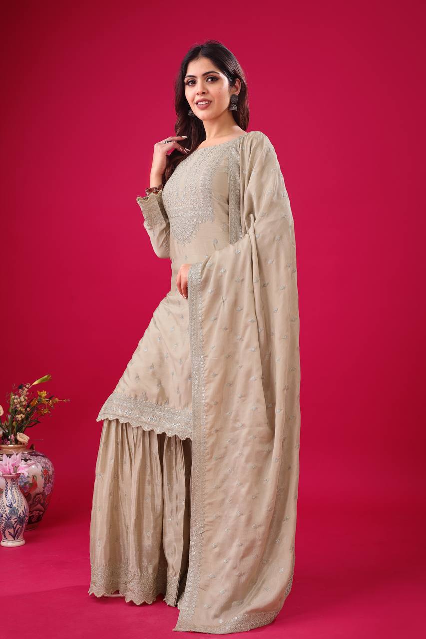 Trendy Beige Color Heavy Georgette Embroidery Work Designer Sharara Suit