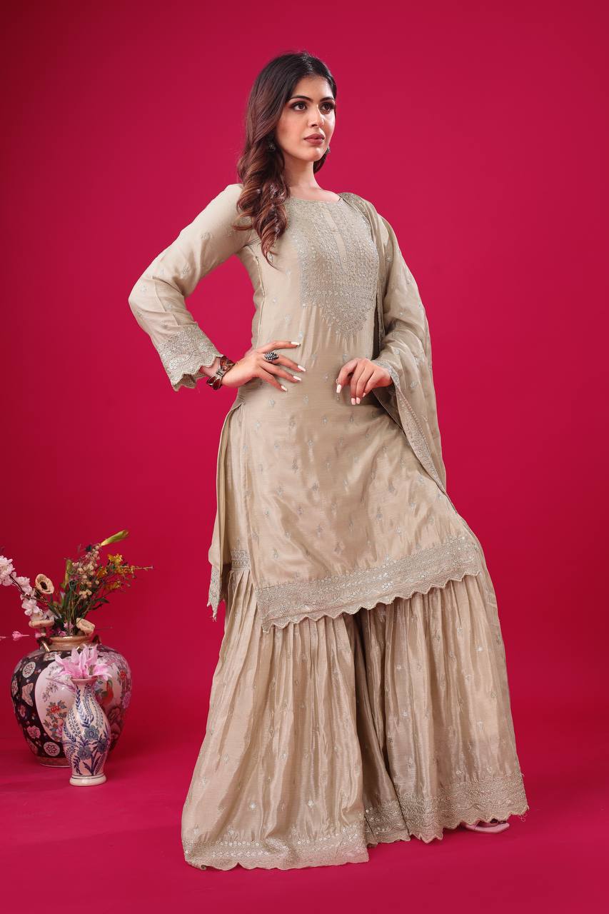 Trendy Beige Color Heavy Georgette Embroidery Work Designer Sharara Suit