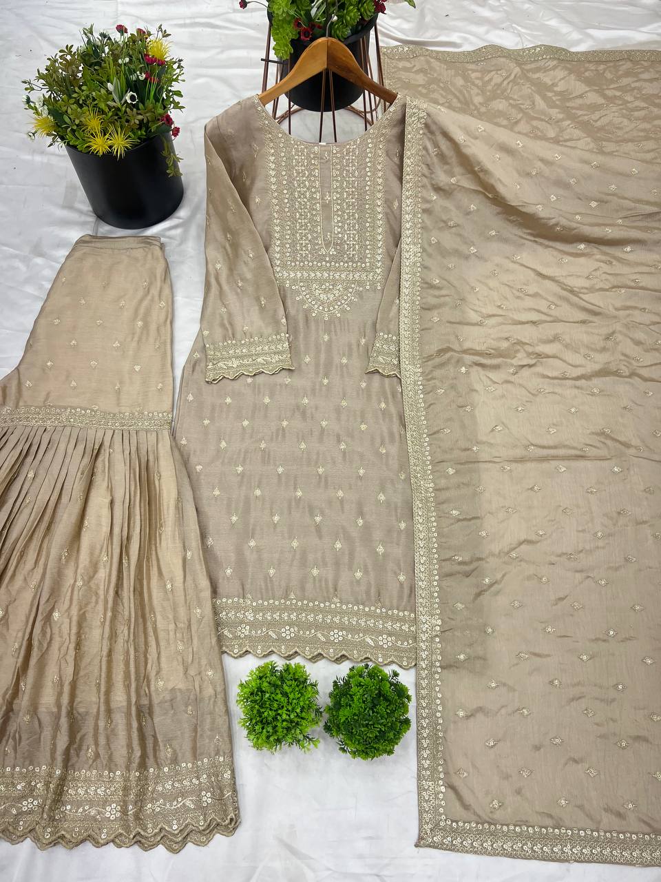 Trendy Beige Color Heavy Georgette Embroidery Work Designer Sharara Suit