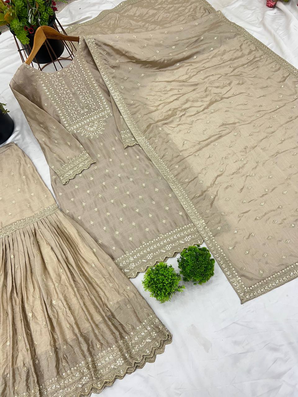 Trendy Beige Color Heavy Georgette Embroidery Work Designer Sharara Suit