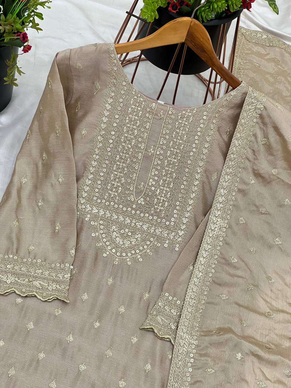 Trendy Beige Color Heavy Georgette Embroidery Work Designer Sharara Suit