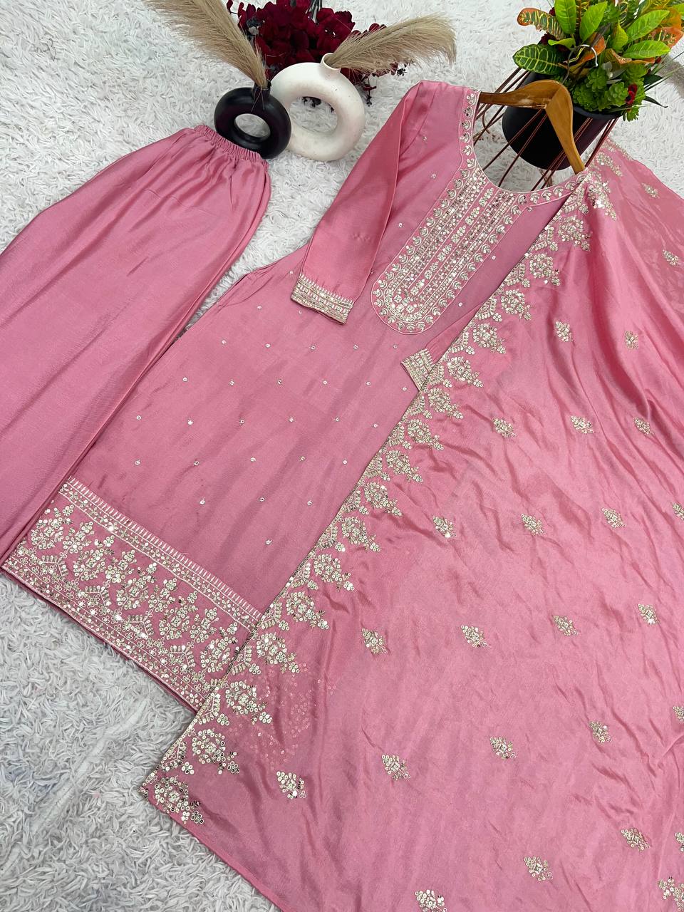 Party Wear Peach Color Chinon Silk With Heavy Embroidery Sequence Work Salwar Suit