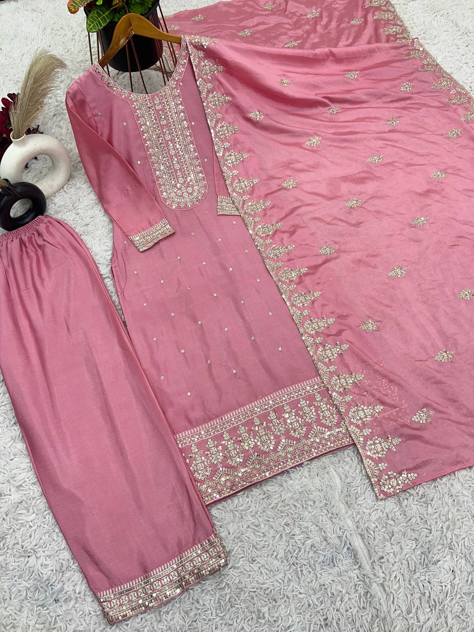 Party Wear Peach Color Chinon Silk With Heavy Embroidery Sequence Work Salwar Suit