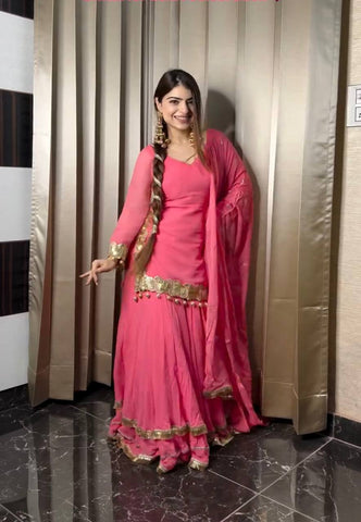 Occasion Wear Pink Color Pure Chinon Silk With 5mm Embroidery Sequence Work Sharara Suit