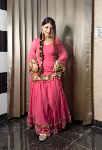 Occasion Wear Pink Color Pure Chinon Silk With 5mm Embroidery Sequence Work Sharara Suit