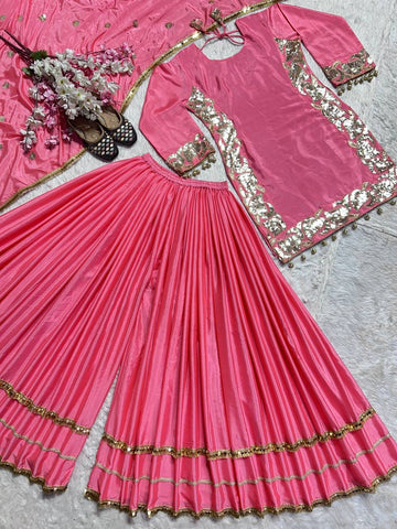 Occasion Wear Pink Color Pure Chinon Silk With 5mm Embroidery Sequence Work Sharara Suit