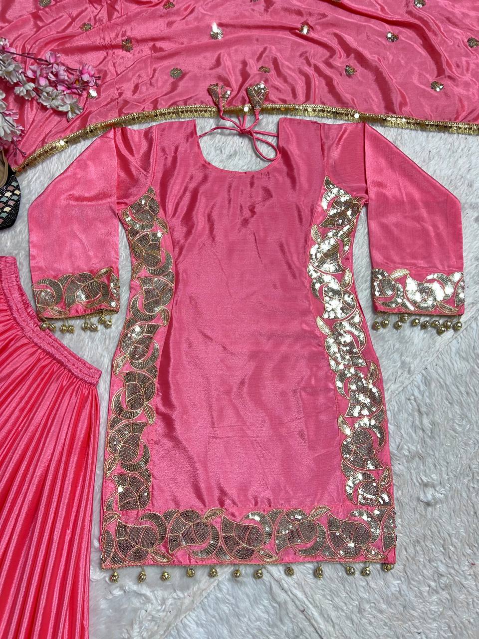 Occasion Wear Pink Color Pure Chinon Silk With 5mm Embroidery Sequence Work Sharara Suit