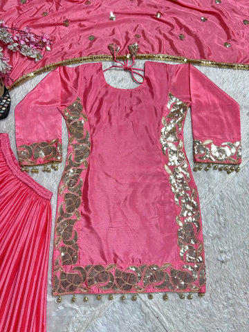Occasion Wear Pink Color Pure Chinon Silk With 5mm Embroidery Sequence Work Sharara Suit
