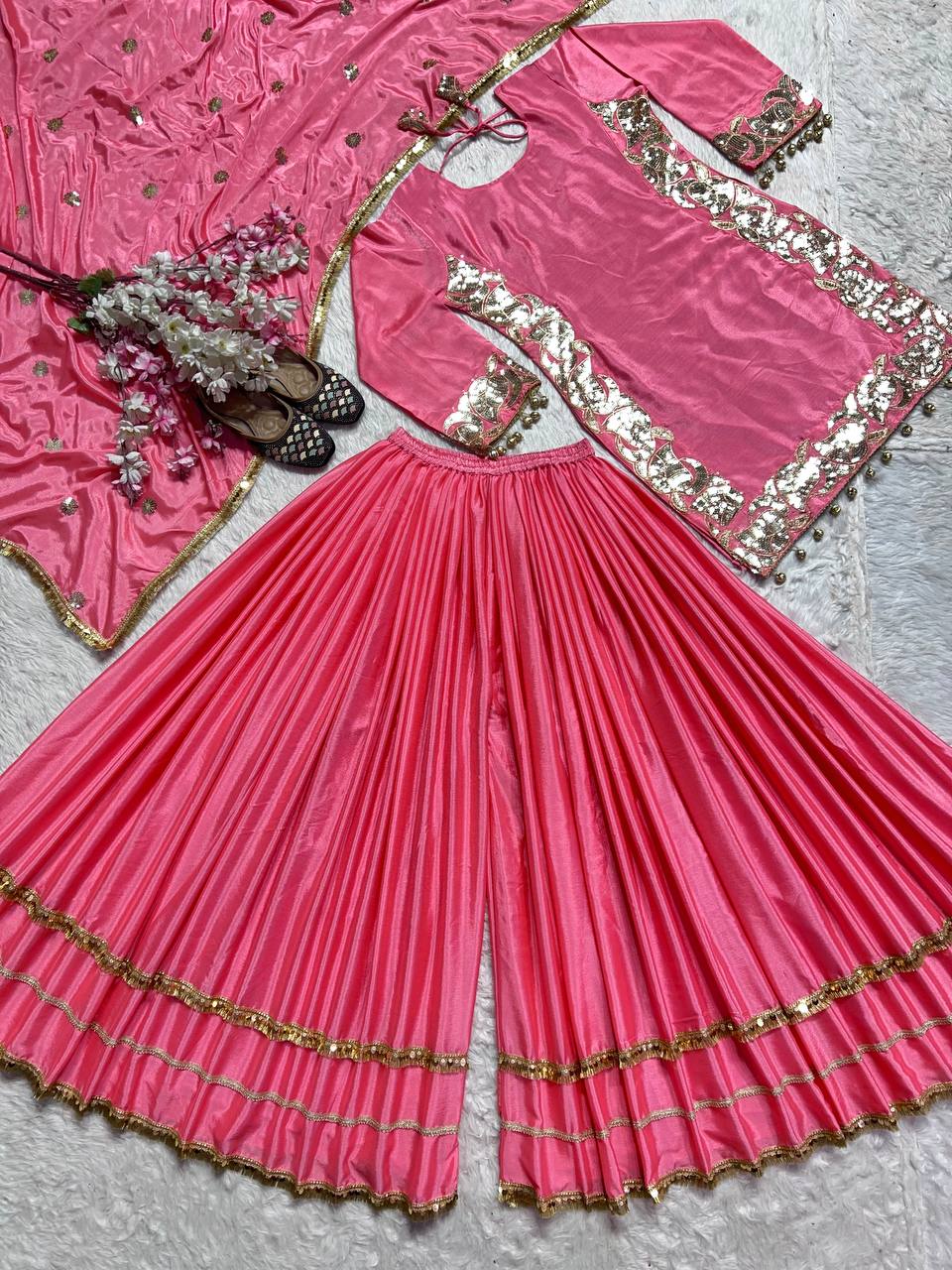 Occasion Wear Pink Color Pure Chinon Silk With 5mm Embroidery Sequence Work Sharara Suit