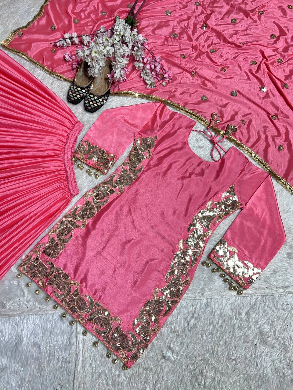 Occasion Wear Pink Color Pure Chinon Silk With 5mm Embroidery Sequence Work Sharara Suit