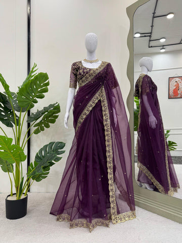 Alluring Purple Color Heavy Organza Silk Thread With Sequence Work Designer Saree