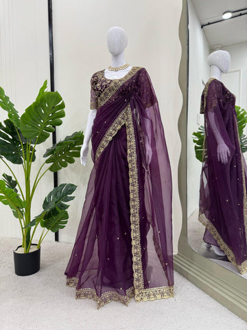 Alluring Purple Color Heavy Organza Silk Thread With Sequence Work Designer Saree