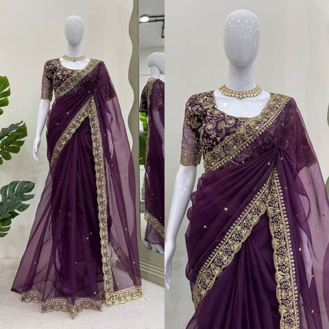 Alluring Purple Color Heavy Organza Silk Thread With Sequence Work Designer Saree