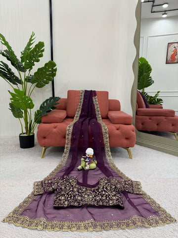 Alluring Purple Color Heavy Organza Silk Thread With Sequence Work Designer Saree