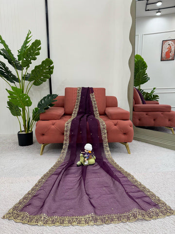 Alluring Purple Color Heavy Organza Silk Thread With Sequence Work Designer Saree