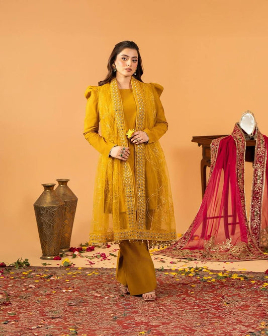 Function Wear Haldi Special Yellow Color Heavy Natural Crep Silk Fancy Less Border Work Salwar Suit