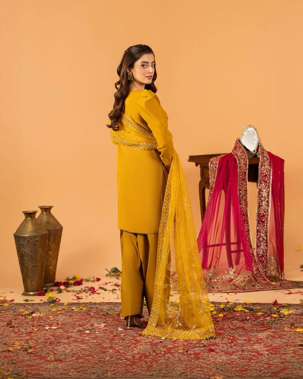 Function Wear Haldi Special Yellow Color Heavy Natural Crep Silk Fancy Less Border Work Salwar Suit