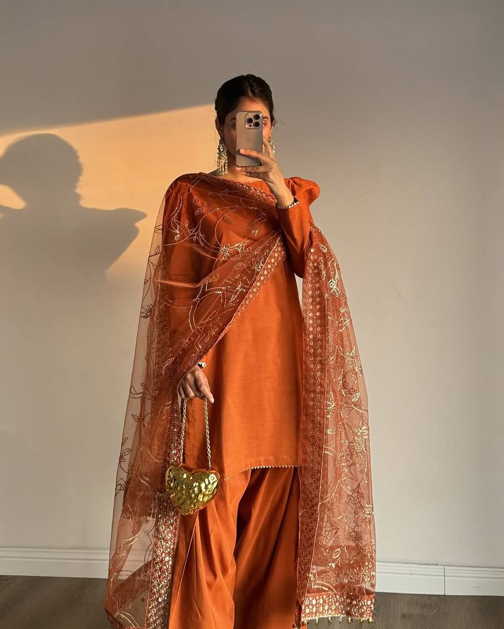 Function Wear Orange Color Heavy Natural Crep Silk Fancy Less Border Work Salwar Suit