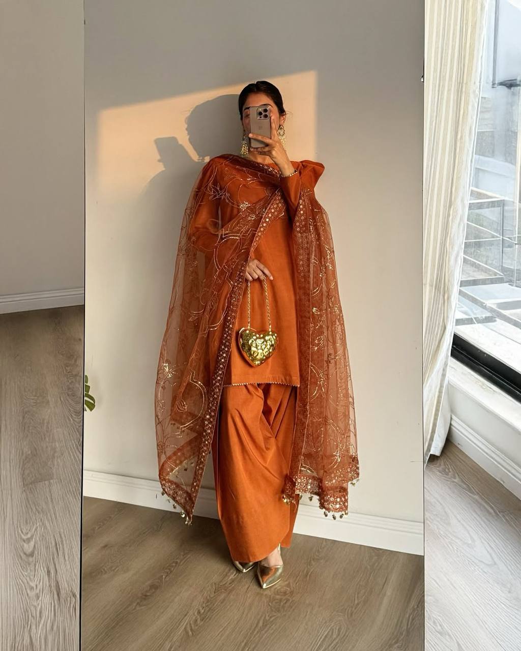 Function Wear Orange Color Heavy Natural Crep Silk Fancy Less Border Work Salwar Suit