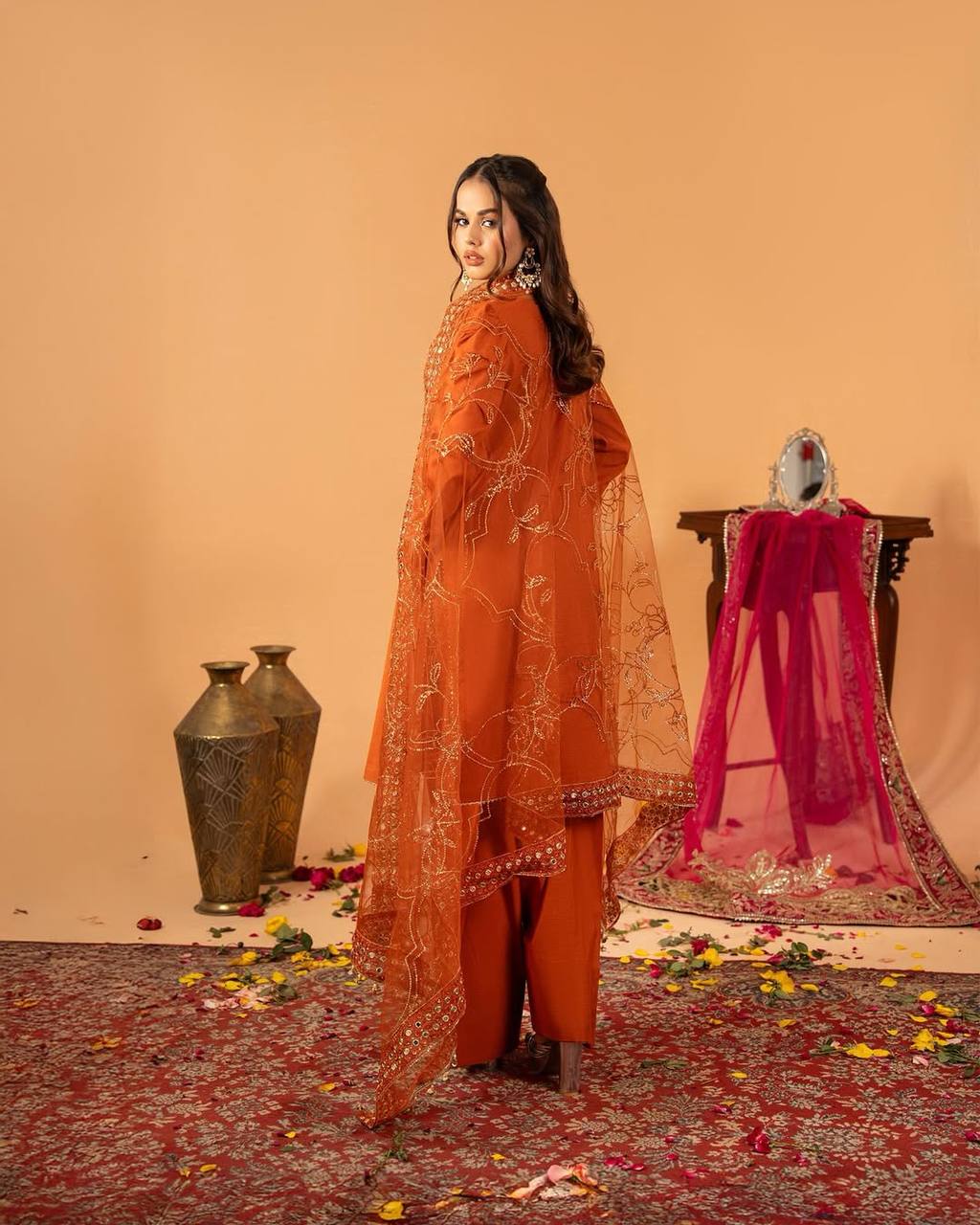 Function Wear Orange Color Heavy Natural Crep Silk Fancy Less Border Work Salwar Suit