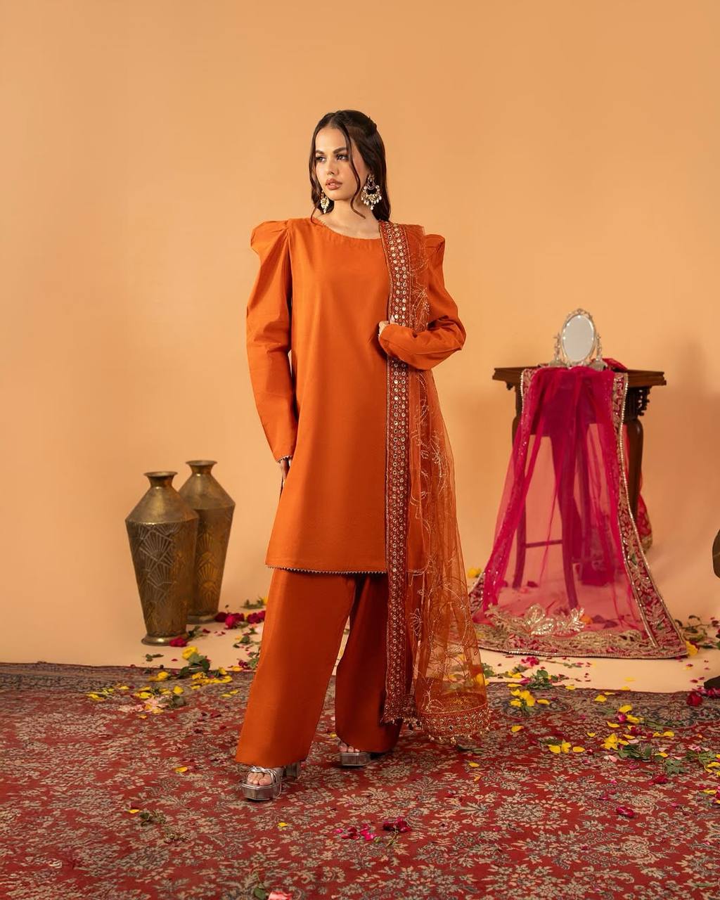 Function Wear Orange Color Heavy Natural Crep Silk Fancy Less Border Work Salwar Suit