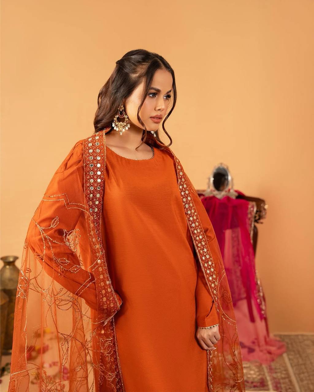 Function Wear Orange Color Heavy Natural Crep Silk Fancy Less Border Work Salwar Suit