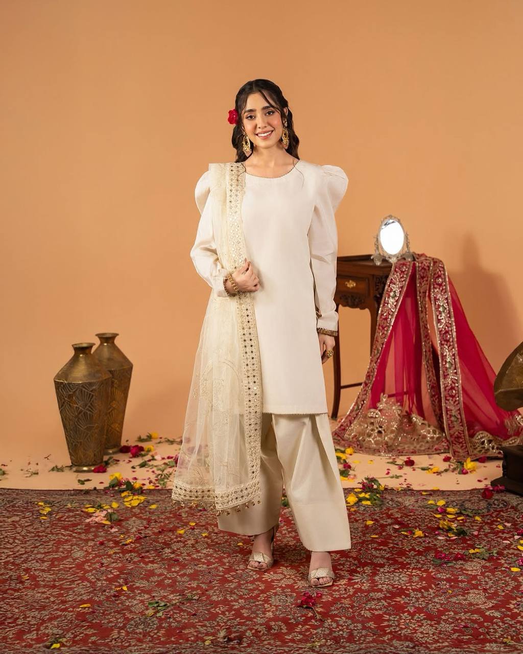 Function Wear White Color Heavy Natural Crep Silk Fancy Less Border Work Salwar Suit