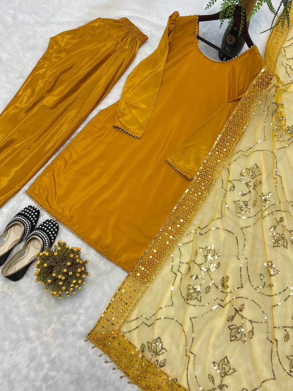 Function Wear Haldi Special Yellow Color Heavy Natural Crep Silk Fancy Less Border Work Salwar Suit