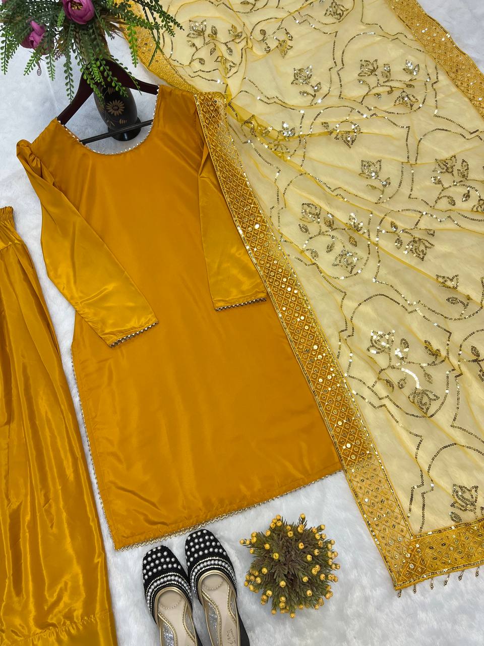 Function Wear Haldi Special Yellow Color Heavy Natural Crep Silk Fancy Less Border Work Salwar Suit