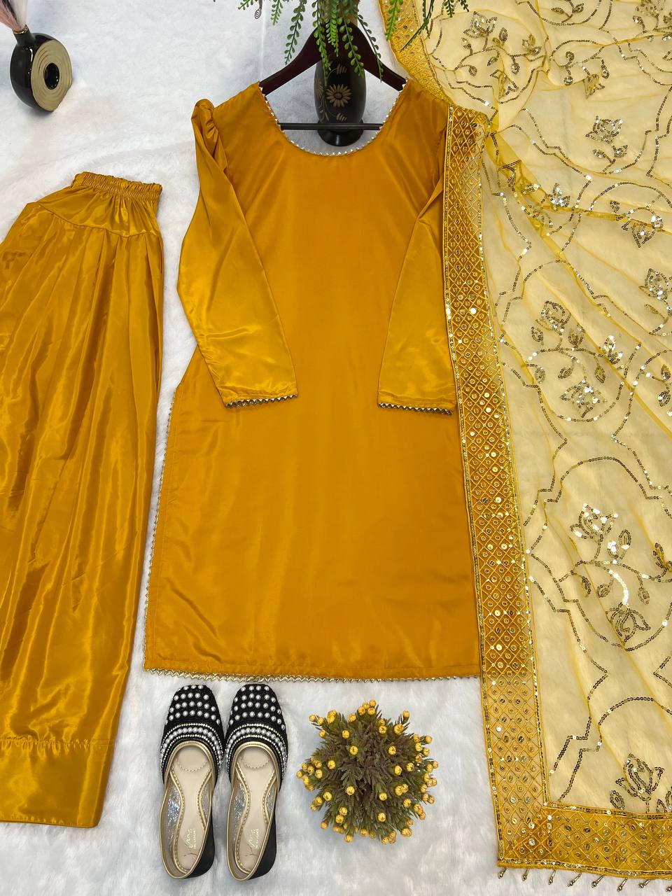 Function Wear Haldi Special Yellow Color Heavy Natural Crep Silk Fancy Less Border Work Salwar Suit
