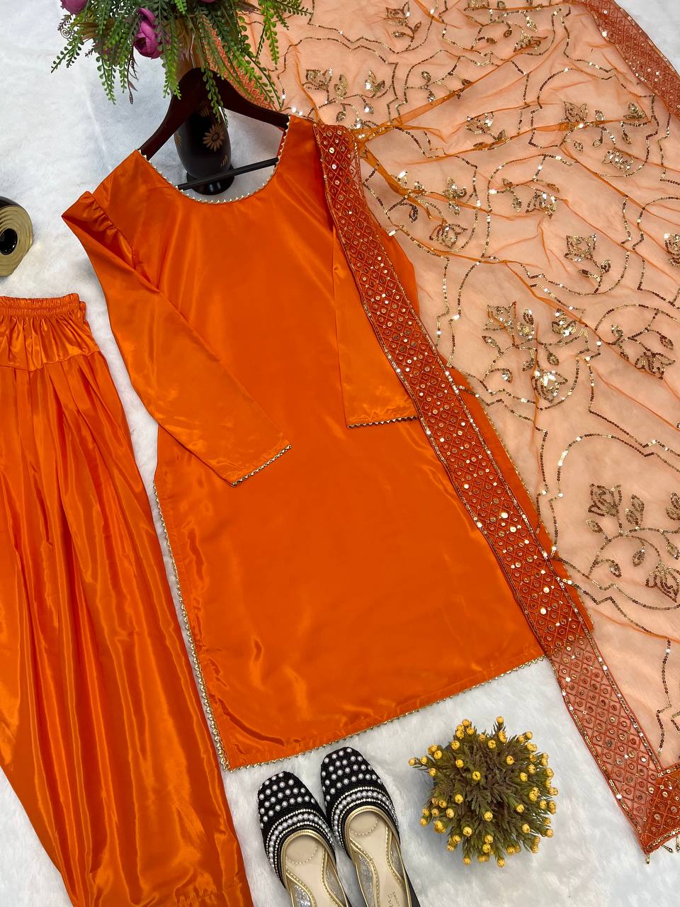 Function Wear Orange Color Heavy Natural Crep Silk Fancy Less Border Work Salwar Suit