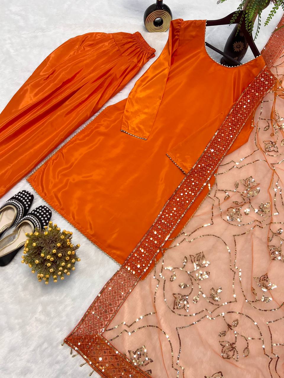Function Wear Orange Color Heavy Natural Crep Silk Fancy Less Border Work Salwar Suit