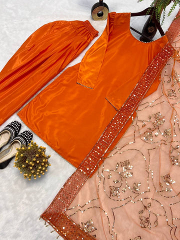 Function Wear Orange Color Heavy Natural Crep Silk Fancy Less Border Work Salwar Suit