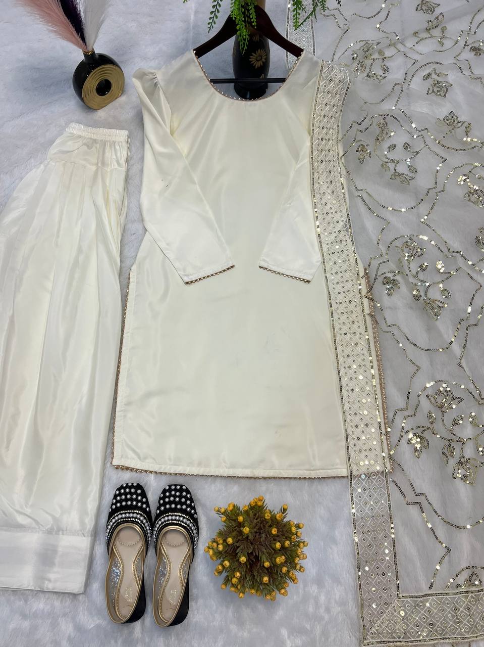 Function Wear White Color Heavy Natural Crep Silk Fancy Less Border Work Salwar Suit
