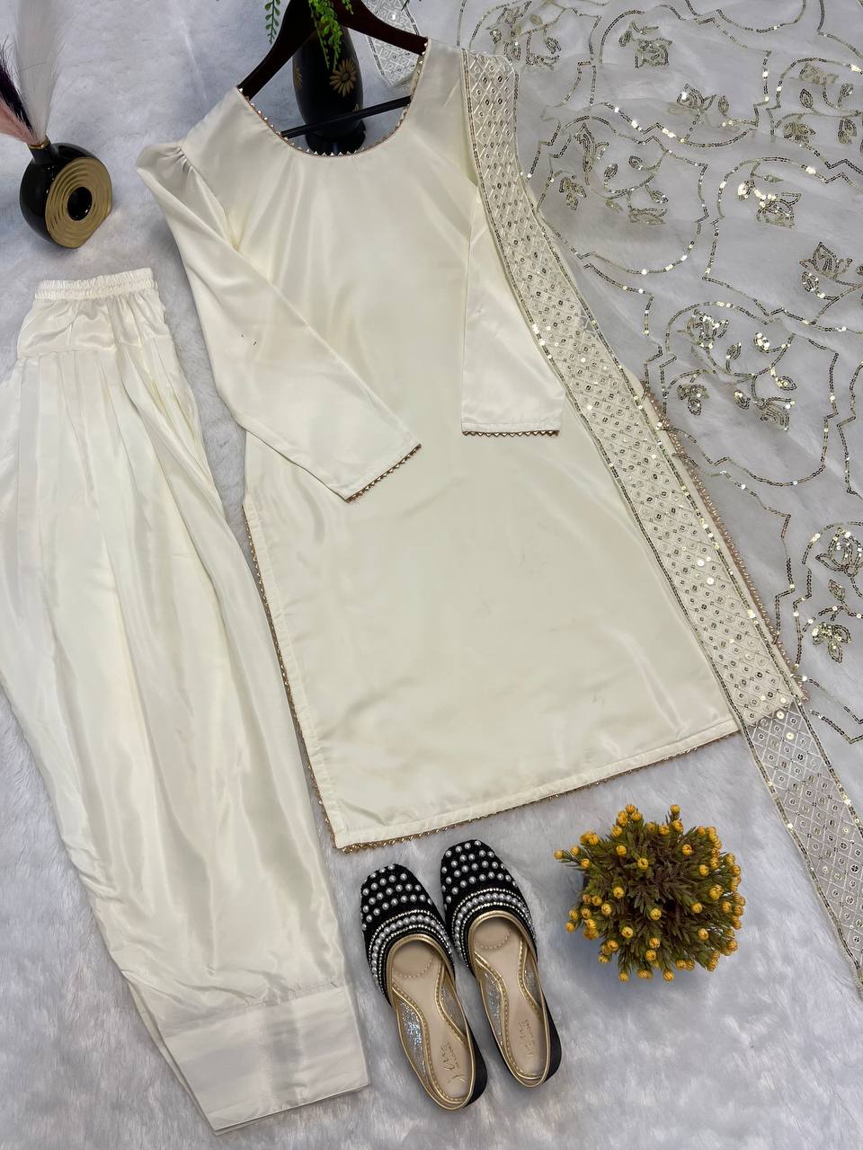 Function Wear White Color Heavy Natural Crep Silk Fancy Less Border Work Salwar Suit