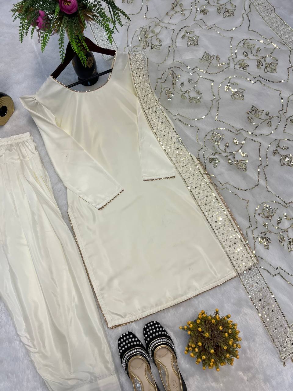 Function Wear White Color Heavy Natural Crep Silk Fancy Less Border Work Salwar Suit