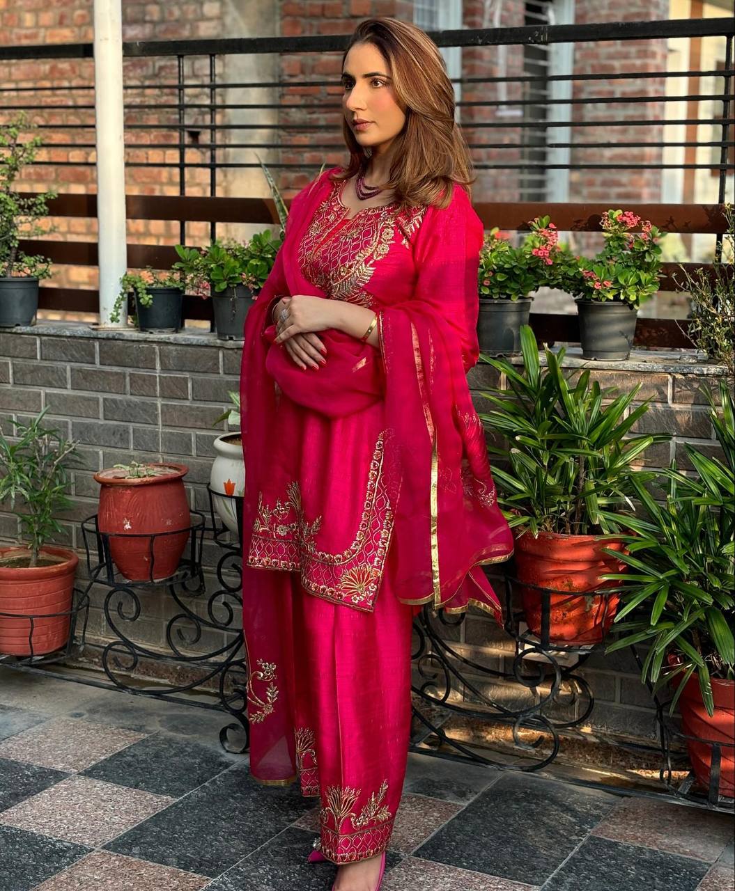 Function Wear Pink Color Pure Heavy Chinnon Silk With Heavy Embroidery Sequence Work Kurta Set