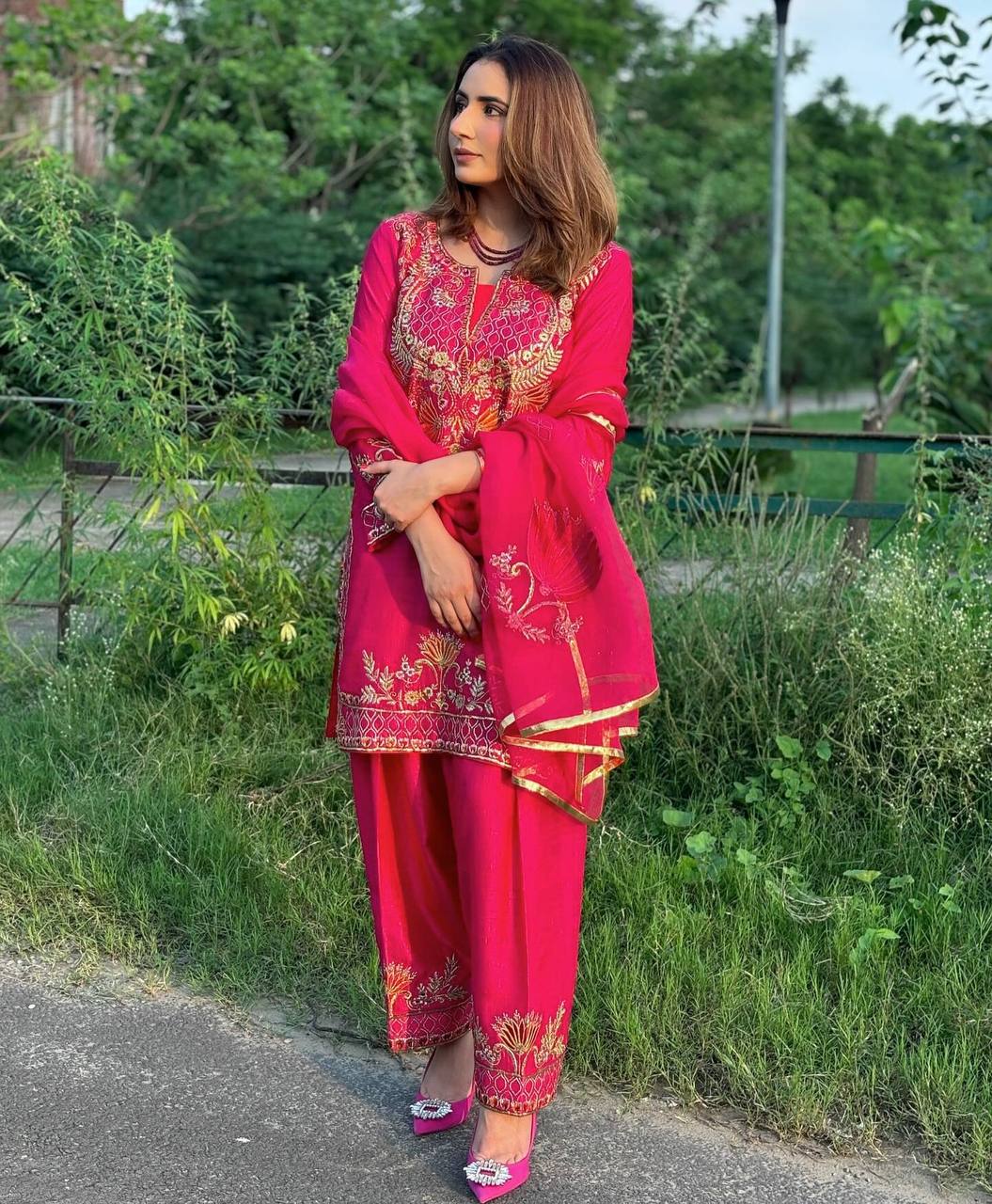 Function Wear Pink Color Pure Heavy Chinnon Silk With Heavy Embroidery Sequence Work Kurta Set