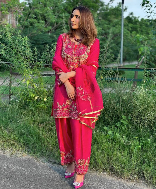 Function Wear Pink Color Pure Heavy Chinnon Silk With Heavy Embroidery Sequence Work Kurta Set